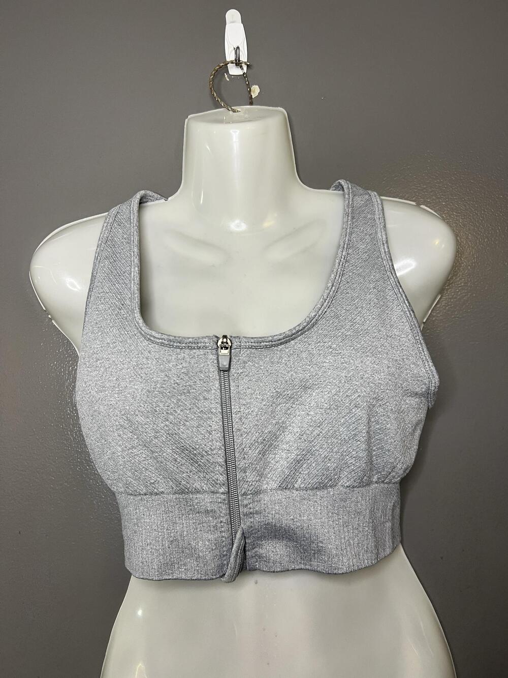 90 Degree By Reflex Sports Bra Womens Medium Gray Zip Front Ribbed Seamless